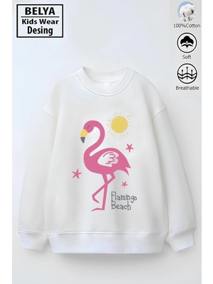 Belya Kids Wear Tam Kalıp Oversize Kız Çocuk Pamuğa Pamuk 3 Iplik Kumaş Flamingo Karakter Tasarım Sweatshirt
