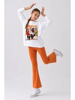 Belya Kids Wear Kız Çocuk Tam Kalıp Üst Oversize Alt Taytlı Karikatür Manifest Tasarım 248 Alt Üst Takım