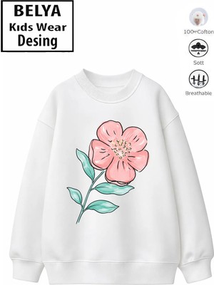 Belya Kids Wear Trend Çocuk Kız Model Tam Kalıp Oversize Çiçek 2 Iplik Pamuğa Pamuk Kumaş Sweatshirt 28