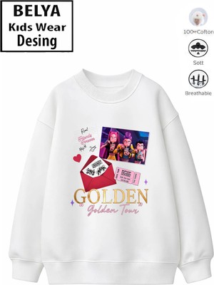 Belya Kids Wear Trend Çocuk Kız Model Tam Kalıp Oversize Gold Hun Tasarım 2 Iplik Pamuğa Pamuk Kumaş Sweatshirt 51