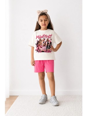 Belya Kids Wear Kız Çocuk Oversize Kalıp Belya Kids Toz Pembe Manifest Tasarım 103 Pamuklu Alt Üst Takım