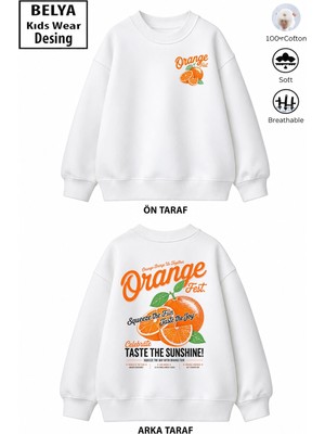 Belya Kids Wear Trend Çocuk Kız Model Tam Kalıp Oversize Ön Arka Baskılı Portakal Tasarım 2 Iplik Pamuğa Pamuk Kumaş Sweatshirt 96
