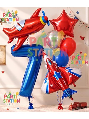 Parti Station Uçak ve Jet Pilot Konsept 7 Yaş Folyo Balon Seti - 7 Parça F16 Folyo Balon & Uçak Folyo Balon Doğum Günü Seti