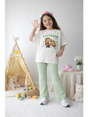 Belya Kids Wear Kız Çocuk Tam Kalıp Üst Oversize Altı Taytlı Cb TASARIM27 Alt Üst Takım