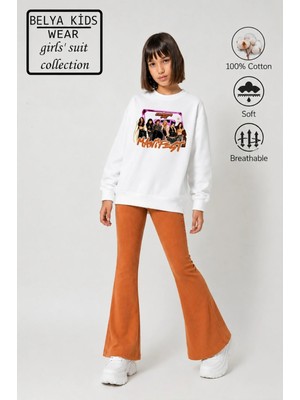 Belya Kids Wear Kız Çocuk Tam Kalıp Üst Oversize Alt Taytlı Karikatür Manifest Tasarım 243 Alt Üst Takım