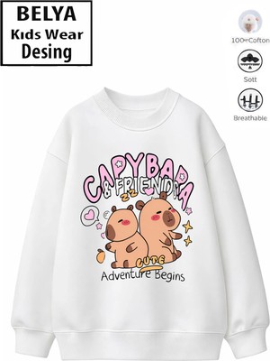 Belya Kids Wear Trend Çocuk Kız Model Tam Kalıp Oversize Capy Bar Tasarım 2 Iplik Pamuğa Pamuk Kumaş Sweatshirt 53