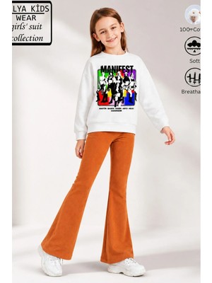Belya Kids Wear Kız Çocuk Tam Kalıp Üst Oversize Alt Taytlı Karikatür Manifest Tasarım 247 Alt Üst Takım