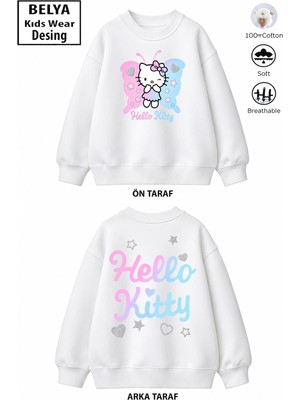 Belya Kids Wear Trend Çocuk Kız Model Tam Kalıp Oversize Ön Arka Baskılı Hello 2 Iplik Pamuğa Pamuk Kumaş Sweatshirt 99