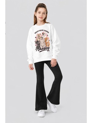 Belya Kids Wear Kız Çocuk Tam Kalıp Üst Oversize Alt Taytlı Kedili Tasarım 220 Alt Üst Takım