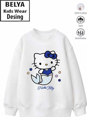Belya Kids Wear Trend Çocuk Kız Model Tam Kalıp Oversize Hello Tasarım 2 Iplik Pamuğa Pamuk Kumaş Sweatshirt 84