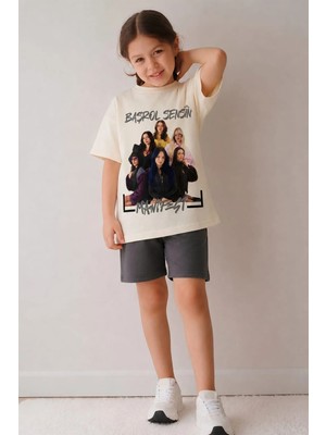 Belya Kids Wear Kız Çocuk Üst Oversize Kalıp Alt Şortlu Manif Tasarım Alt Üst Takım