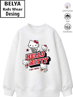 Belya Kids Wear Trend Çocuk Kız Model Tam Kalıp Oversize Hello Kit Tasarım 2 Iplik Pamuğa Pamuk Kumaş Sweatshirt 62