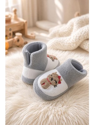 Oksit Figür Nakışlı Bebek & Çocuk Peluş Panduf  Sıcak Tutan Ev Botu / Patik
