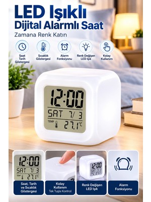 Marsilyan LED Aydınlatmalı Küp Saat Dijital Alarm Tarih ve Sıcaklık Göstergeli