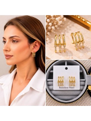 Fm 💎 Premium Parlak ve Şık Gold Renk Üçlü Taş Detaylı Halka Kadın Çelik Küpe