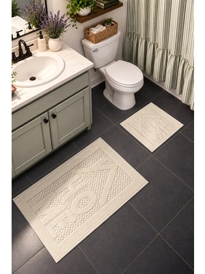 Cotto Home Sakura SK019A Doğal Pamuk 2'li Banyo Paspas Seti 60X100 60X50CM Kaymaz Taban Makinada Yıkanabilir