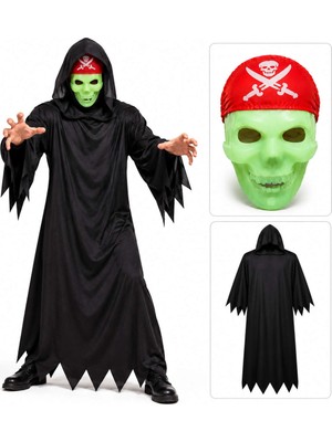 The Gencoo Fosforlu Kafatası Maskeli Siyah Hayalet Kostümü – 140 cm