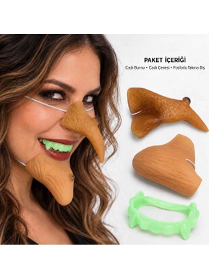 The Gencoo Lastikli Cadı Burnu, Cadı Çenesi ve Fosforlu Takma Diş Seti – 3 Parça