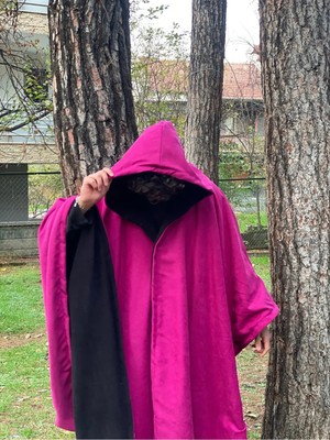 Alpin 🟣⬛ Çift Taraflı Kapüşonlu Panço – Fuşya & Siyah | Unisex Oversize Panço