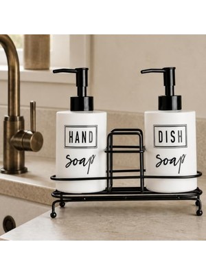 Aydogan's 2'li Beyaz Seramik Sıvı Sabunluk ve Deterjanlık Seti, Hand Soap ve Dish Soap Yazılı, 2 x 400 ml Kapasiteli, Mutfak Tezgâhı ve Banyo Için Düzenleyici, 21 x 8 x 14 cm