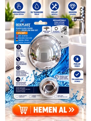 OCK Plast Lavabo Gider Süzgeci Bas Aç Pop-Up Sistem Taşma Yüzüklü Dayanıklı Tasarım
