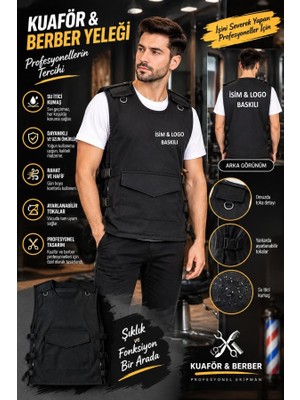 Teknik Profesyonel Kuaför ve Berber Yeleği - Kişiye Özel Isim & Logo Baskılı Ayarlanabilir Taktik Çalışma Yeleğ