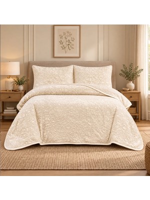 Lal Home Deco Lal Home Çift Kişilik Yatak Örtüsü Seti ve Battaniye Seti - Krem Mbos