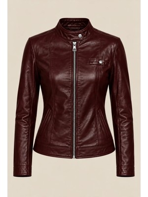 Velmora Leather Hakiki Deri Kadın Ceket Astarlı-Premium-Koyu Kırmızı-Siyah