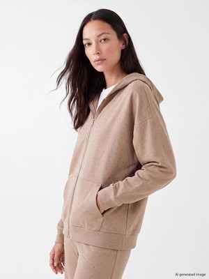Lc Waikiki Yeni Sezon Kahverengi Soft Touch Taşlı Kadın Fermuarlı Sweatshirt