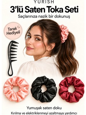 Yurish Saten Lastik Toka Seti - 3'lü Paket-Tarak Hediyeli