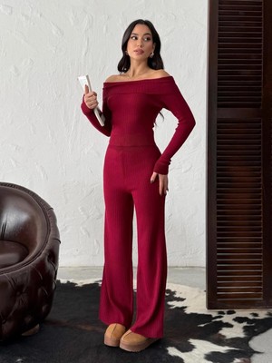 HKT Hak Tekstil Fitilli Örme Kumaş Madonna Yaka Crop Bluz ve Geniş Paça Pantolon Ikili Takım