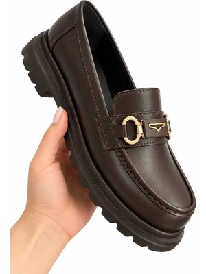 Zenora Shoes Kadın Tokalı Loafer Makosen Kahve Kalın Tabanlı Ortopedik Ayakkabı