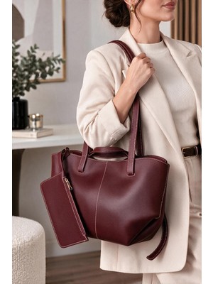 CLASSBAG Kadın Bordo Yavrulu (Fermuarsız) Geniş Hacimli Büyük Boy Omuz Çantası