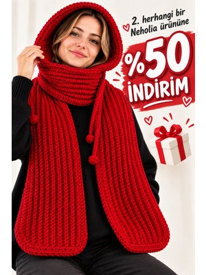 Neholia Kadın Kapüşonlu Atkı Boyunluk El Örgüsü Uzun Kışlık Atkı 3'ü 1 Arada
