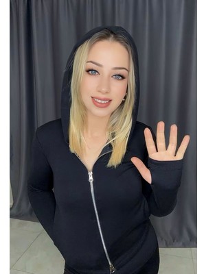 Yogo Butik Kadın Siyah Parmak Detaylı Fermuarlı Kapüşonlu Sweatshirt Hırka
