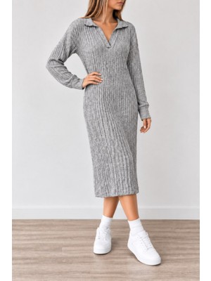 Efnaz Style Kadın Polo Yaka Gri Uzun Kollu Midi Elbise