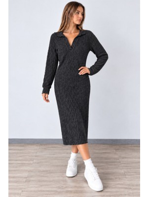 Efnaz Style Kadın Polo Yaka Antrasit Uzun Kollu Midi Elbise