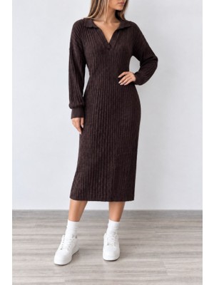 Efnaz Style Kadın Polo Yaka Kahverengi Uzun Kollu Midi Elbise