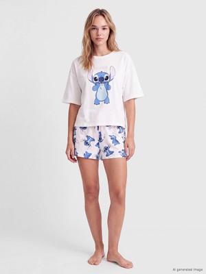 Lc Waikiki Yeni Sezon Ekru Stitch Baskılı Kadın Şortlu Pijama Takımı