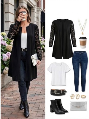 Efnaz Style Kadın Uzun Kollu Dantel Detaylı Önü Açık Midi Modal Ceket