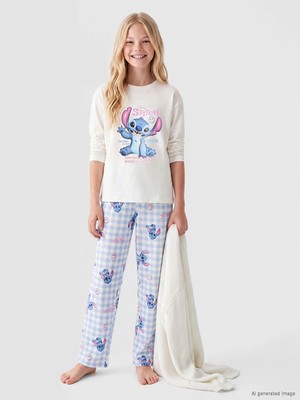 Lc Waikiki Yeni Sezon Ekru Stitch Baskılı Kız Çocuk Pijama Takımı