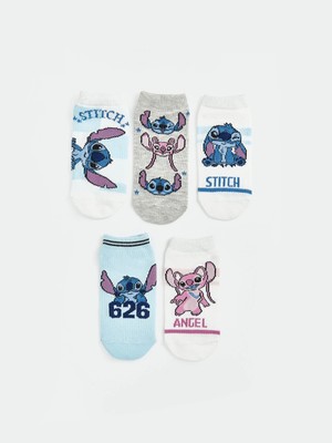 Lc Waikiki Yeni Sezon Ekru Stitch ve Angel Baskılı Kız Çocuk Patik Çorap 5'li