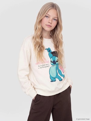 Lc Waikiki Yeni Sezon Ekru Stitch Baskılı Kız Çocuk Sweatshirt