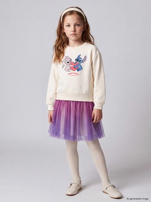 Lc Waikiki Yeni Sezon Ekru Stitch ve Angel Baskılı Kız Çocuk Tütü Elbise