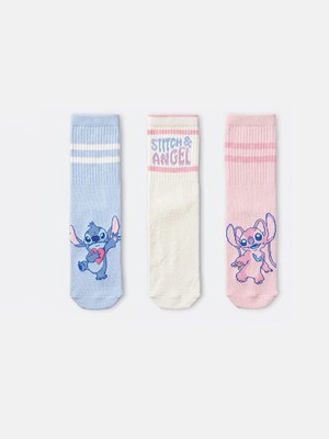 Lc Waikiki Yeni Sezon Mavi Stitch ve Angel Baskılı Kız Çocuk Soket Çorap 3'lü