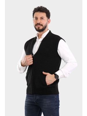 Kzc Tekstil Erkek Gri Triko Örgü Fermuarlı Yelek Çift Cepli Baba Triko Yelek