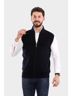 Kzc Tekstil Erkek Gri Triko Örgü Fermuarlı Yelek Çift Cepli Baba Triko Yelek