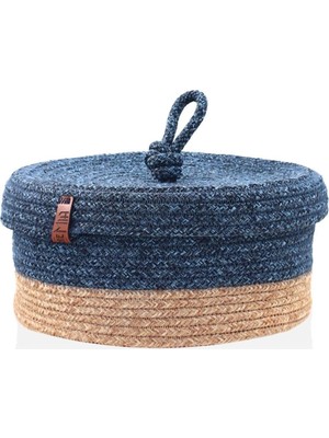 The Mia SPT0026 Jutte Kapaklı Yuvarlak Sepet Bambu Lacivert 25X15 cm
