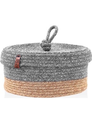 The Mia SPT0025 Jutte Kapaklı Yuvarlak Sepet Bambu Gri 25X15 cm