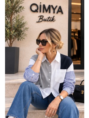 Qimya Butik Nox Kadın Çizgili Kolları Serpme Taşlı Penye Renk Bloklu Arkası V Yırtmaçlı Oversize Gömlek